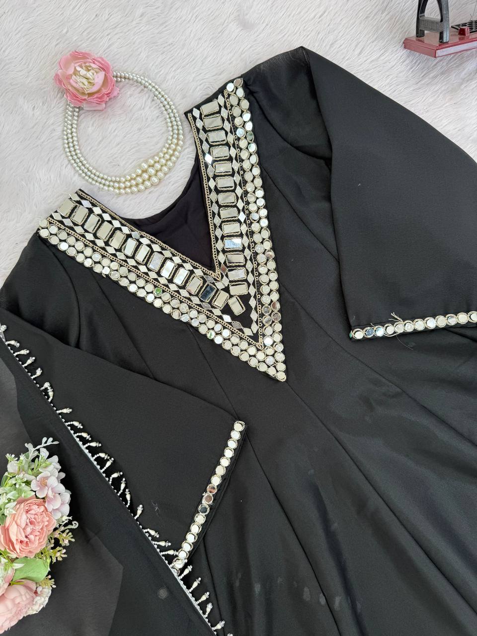 Prazu Fashion Black Cosmos Thread With Mirror Work Designer Palazzo Suit