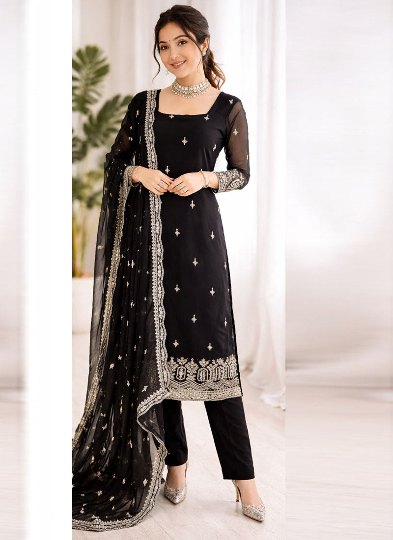Prazu Fashion Black Georgette Thread With Sequence Designer Salwar Suit - Dista