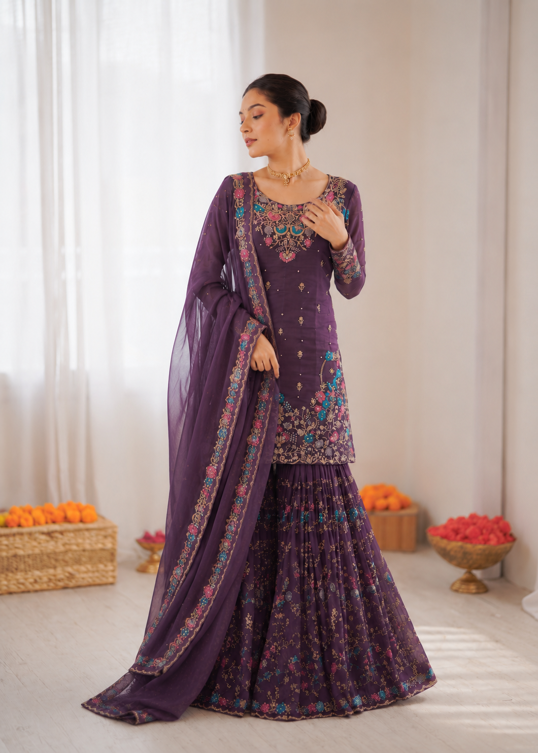 Prazu Fashion Deep Purple Art Silk Thread Sequnce With Rivet Moti Sharara Suit - Dista