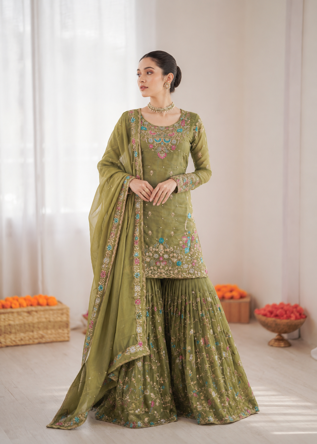 Prazu Fashion Mahendi Art Silk Thread Sequnce With Rivet Moti Sharara Suit - Dista
