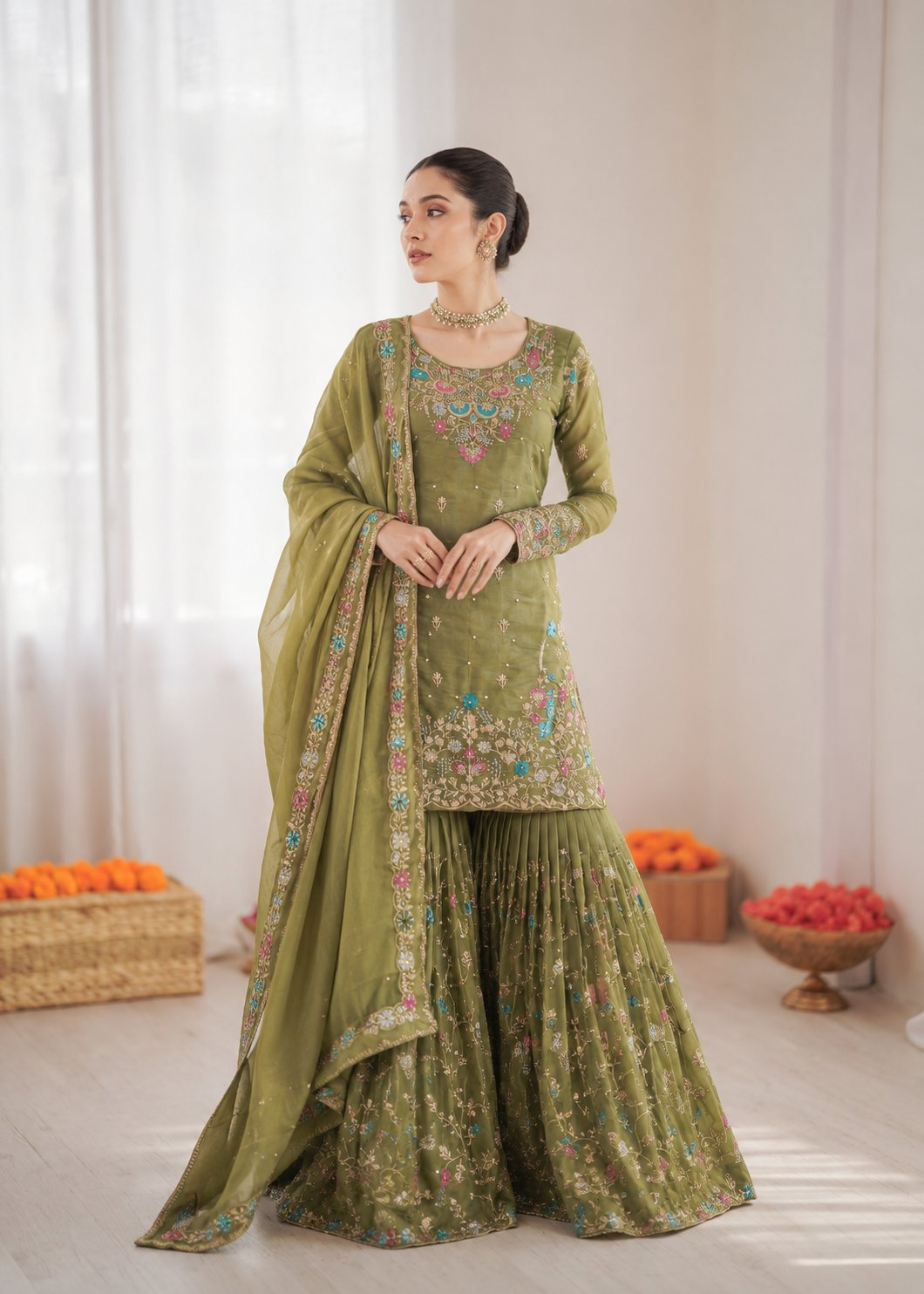 Prazu Fashion Mahendi Art Silk Thread Sequnce With Rivet Moti Sharara Suit - Dista