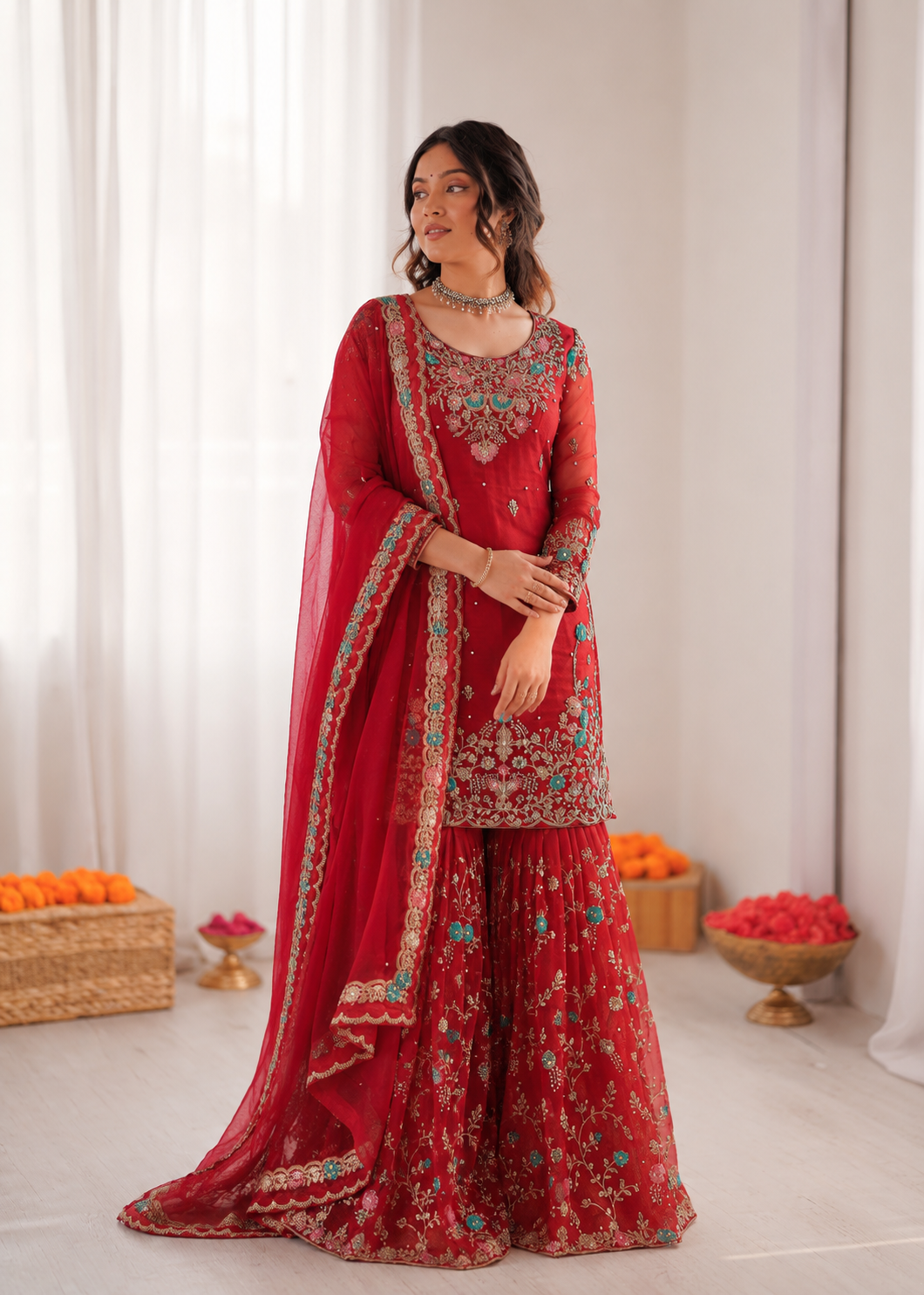 Prazu Fashion Red Art Silk Thread Sequnce With Rivet Moti Sharara Suit - Dista