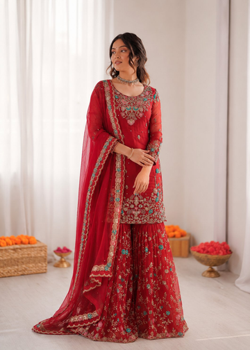 Prazu Fashion Red Art Silk Thread Sequnce With Rivet Moti Sharara Suit - Dista