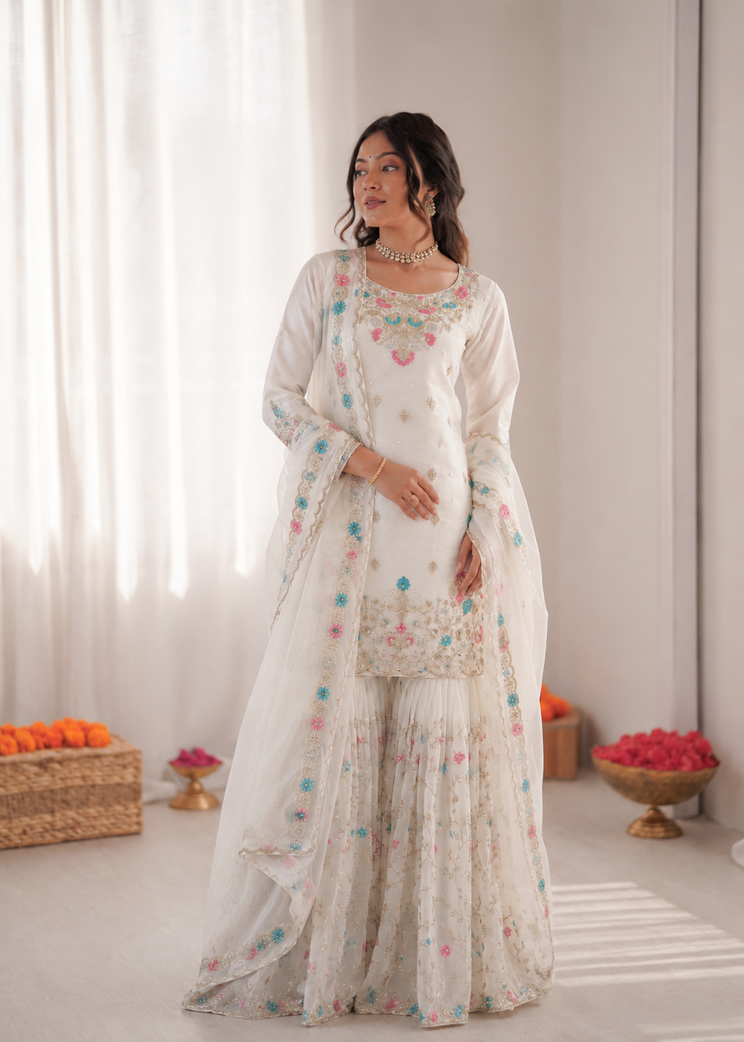 Prazu Fashion Off White Art Silk Thread Sequnce With Rivet Moti Sharara Suit - Dista