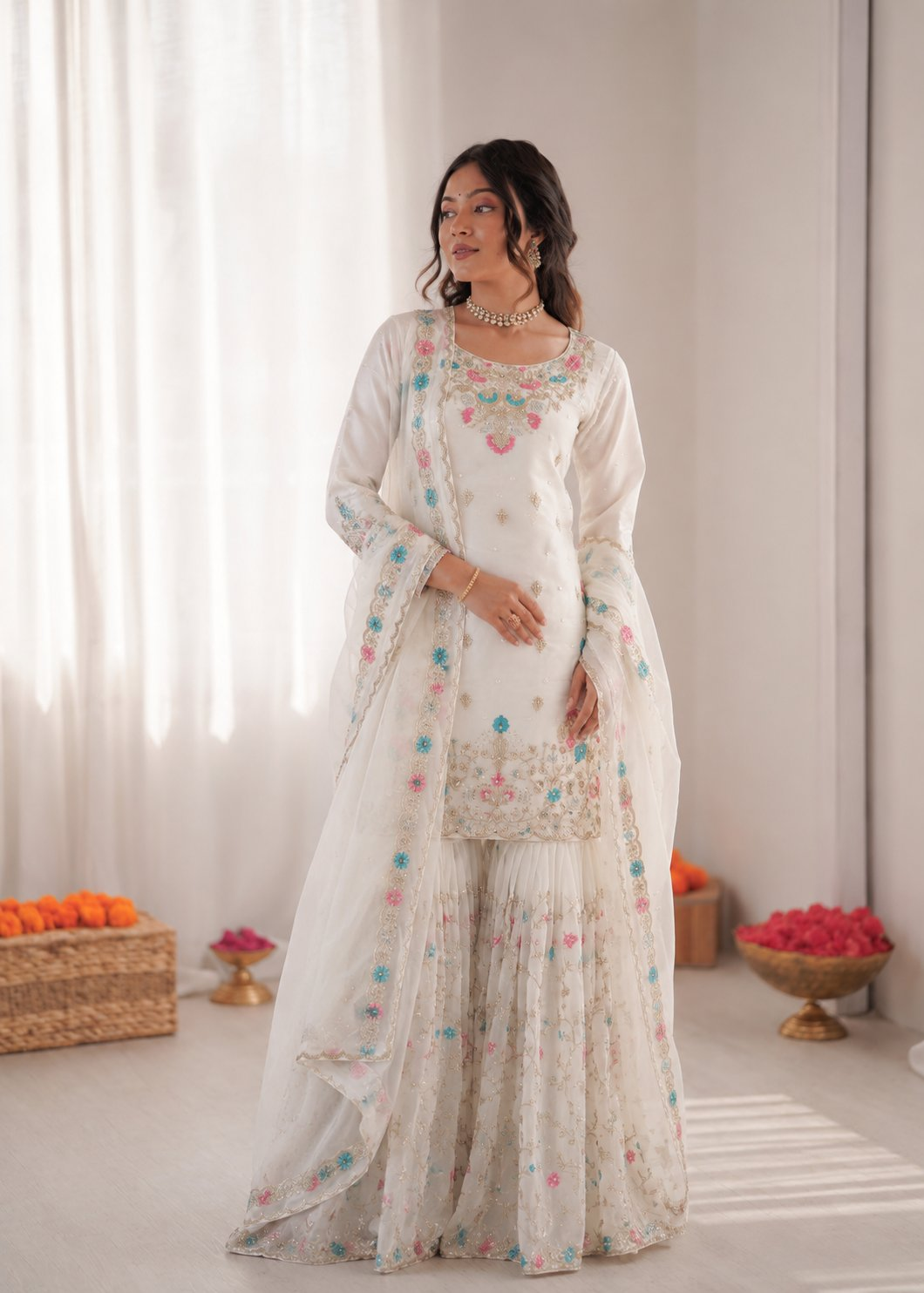 Prazu Fashion Off White Art Silk Thread Sequnce With Rivet Moti Sharara Suit - Dista