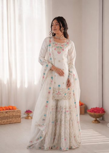 Prazu Fashion Off White Art Silk Thread Sequnce With Rivet Moti Sharara Suit - Dista