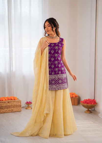 Prazu Fashion Purple Jacquard Thread With Sequence Designer Palazzo Suit - Dista
