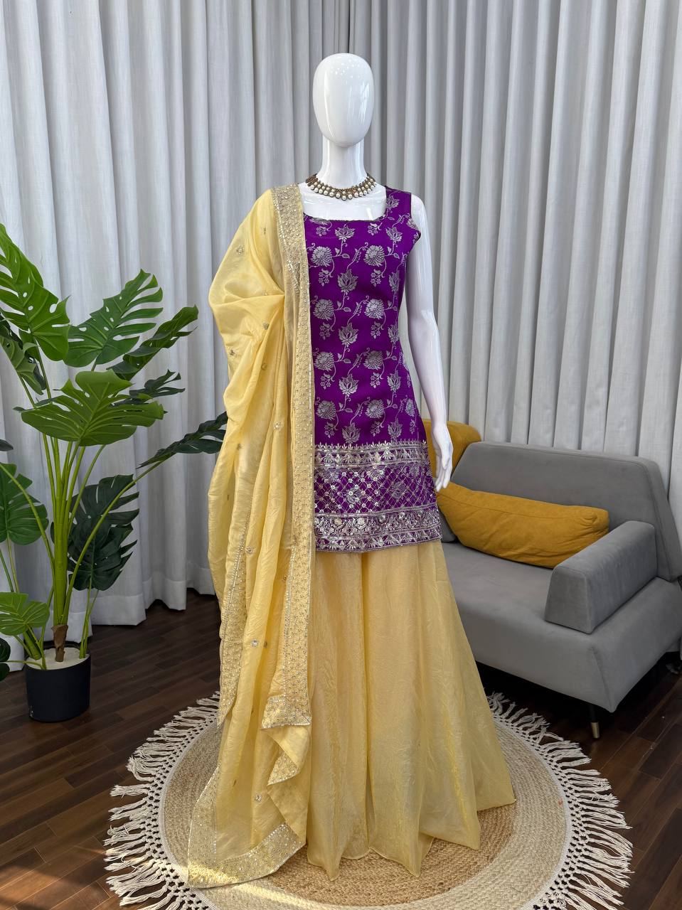 Prazu Fashion Purple Jacquard Thread With Sequence Designer Palazzo Suit - Dista