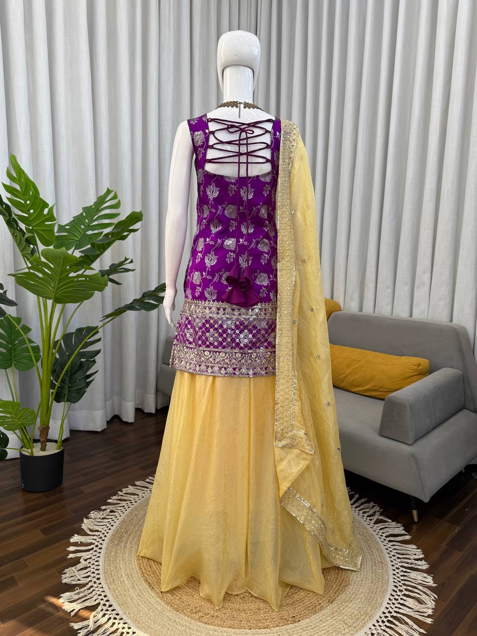 Prazu Fashion Purple Jacquard Thread With Sequence Designer Palazzo Suit - Dista