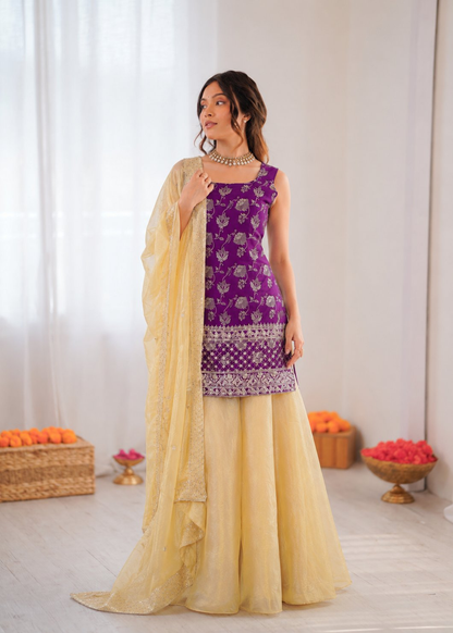 Prazu Fashion Purple Jacquard Thread With Sequence Designer Palazzo Suit - Dista