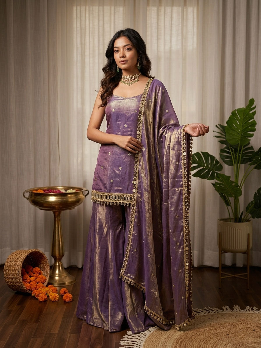 Prazu Fashion Lavender Fendy Silk Thread With Mirror Work Palazzo Suit - Dista
