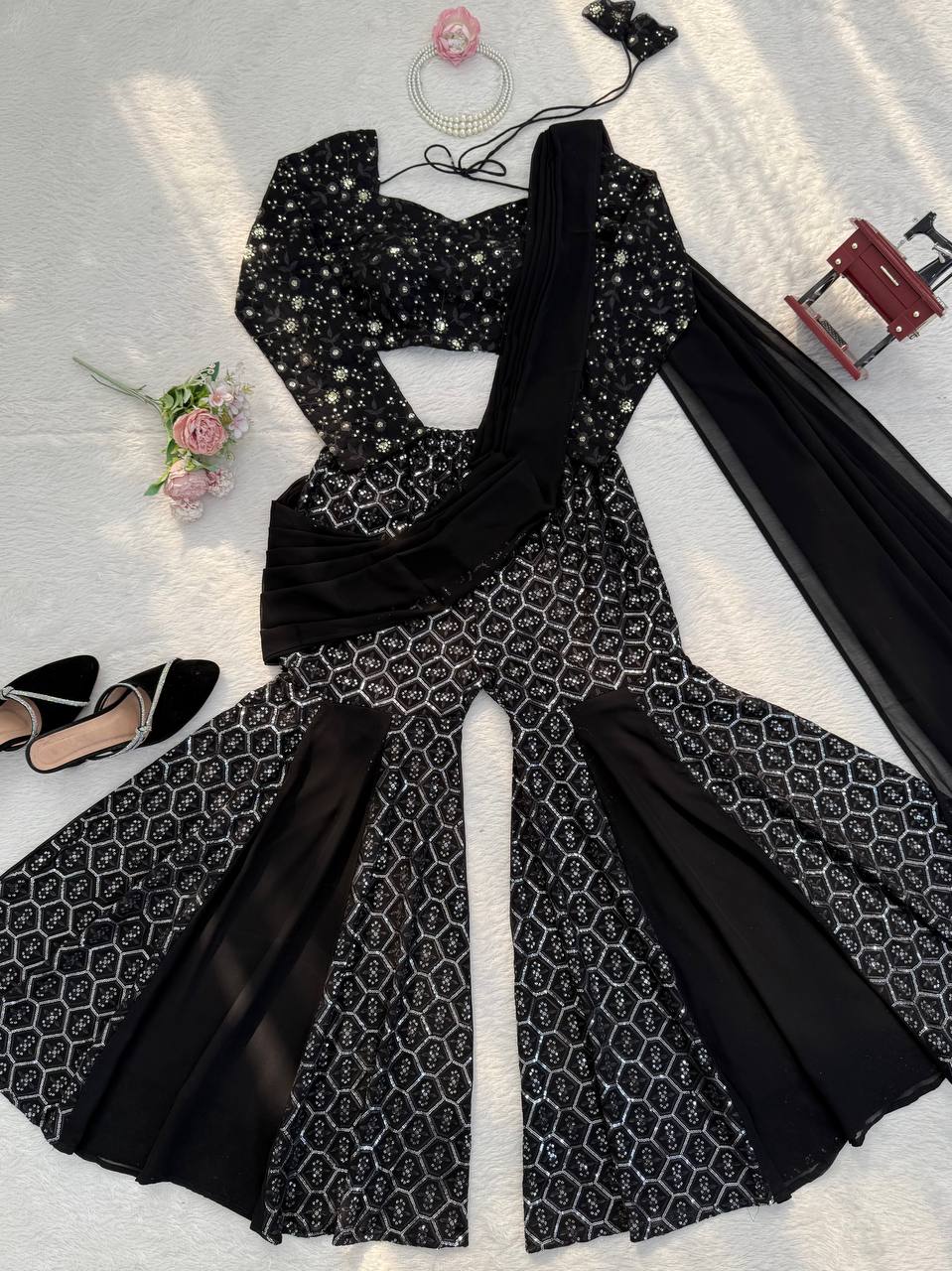 Prazu Fashion Black Georgette Thread With Sequence Western Sharara Suit - Dista