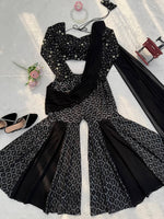 Thumbnail for Prazu Fashion Black Georgette Thread With Sequence Western Sharara Suit - Dista