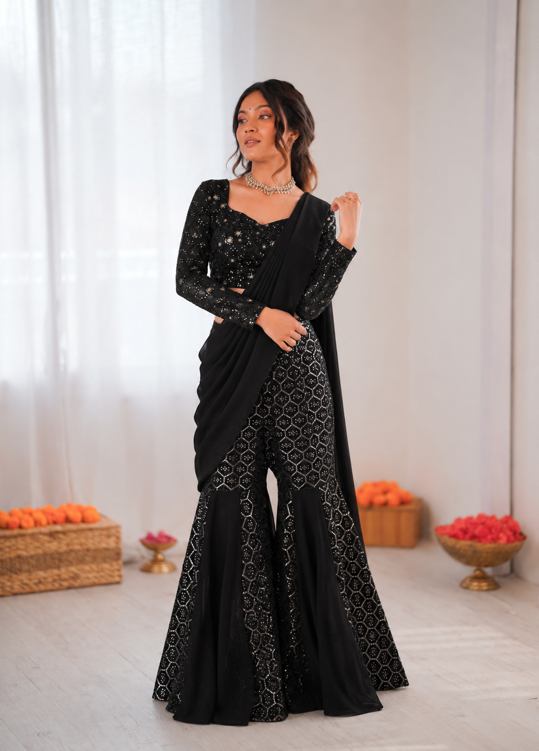 Prazu Fashion Black Georgette Thread With Sequence Western Sharara Suit - Dista