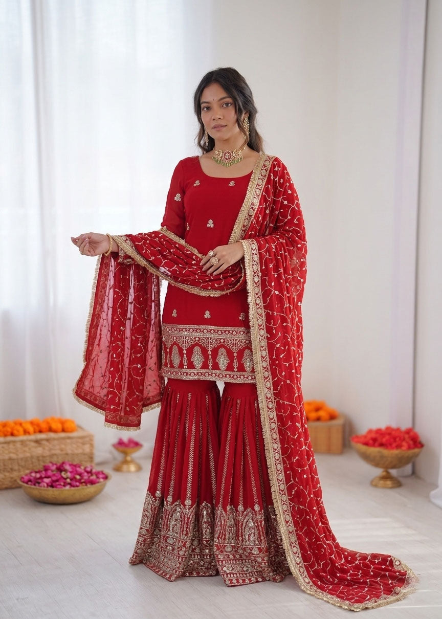 Prazu Fashion Red Chinon Silk Thread Sequence Designer Sharara Suit - Dista