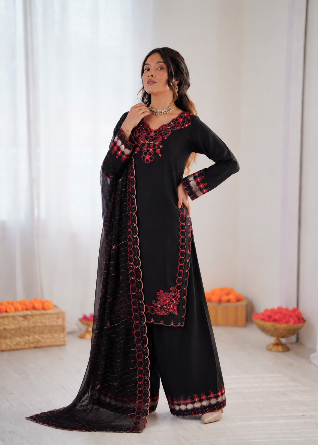 Prazu Fashion Black Mull Chanderi Silk Thread Work Farshi Salwar Suit - Dista