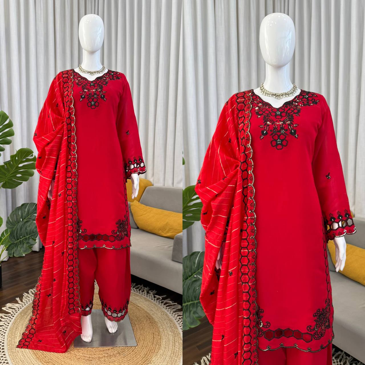 Prazu Fashion Red Mull Chanderi Silk Thread Work Farshi Salwar Suit - Dista
