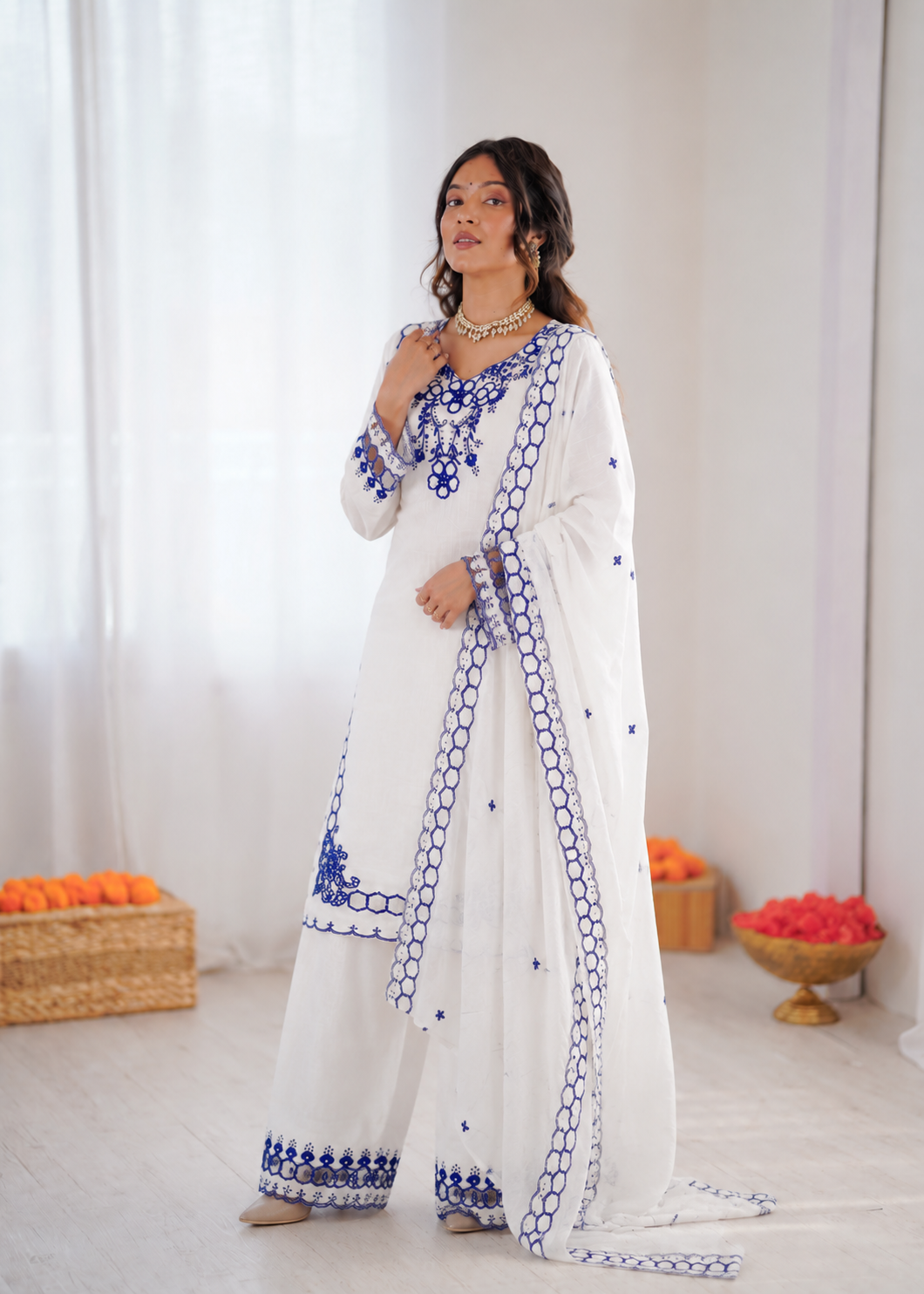 Prazu Fashion Off White Mull Chanderi Silk Thread Work Farshi Salwar Suit - Dista