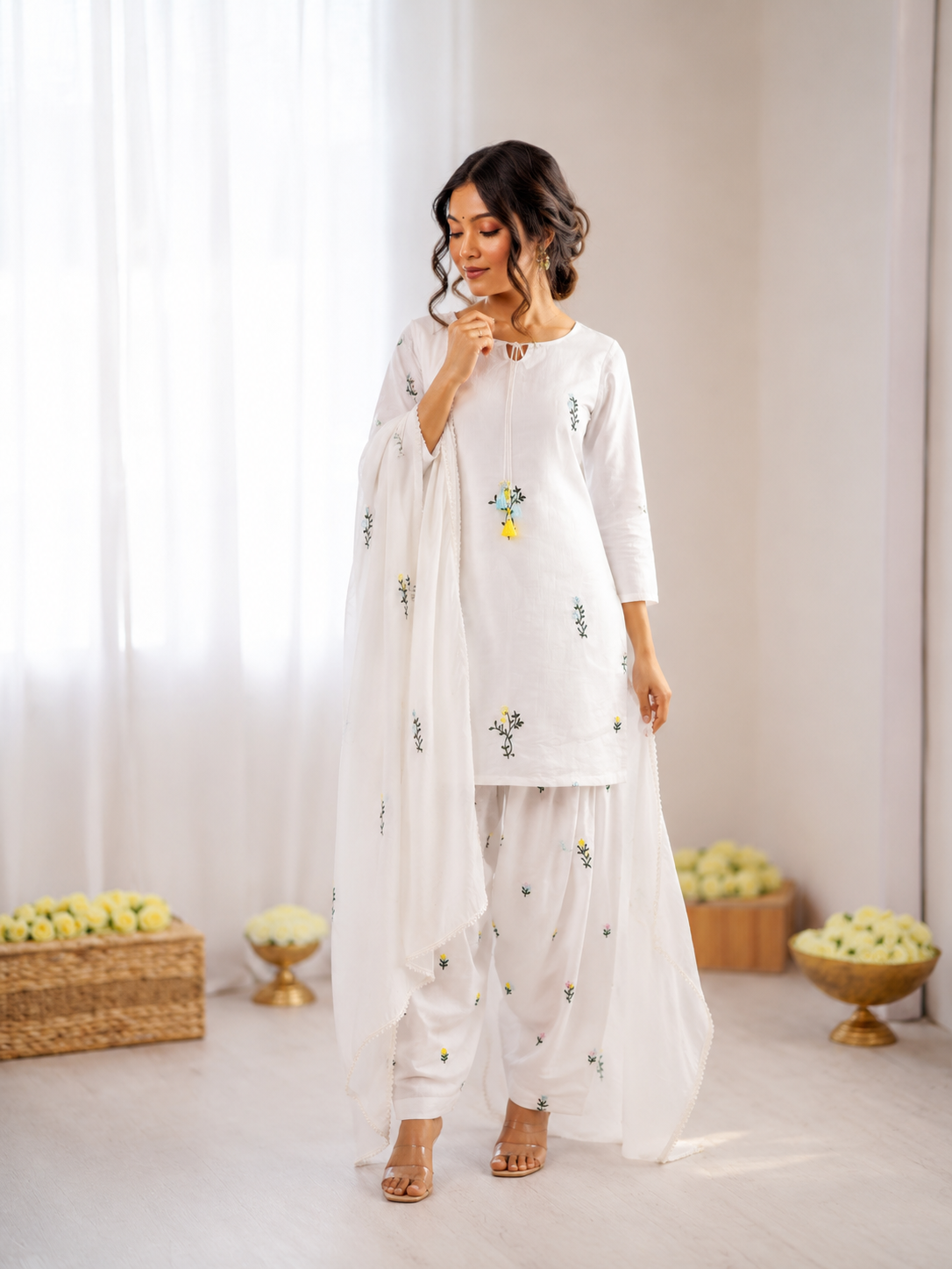 Prazu Fashion Off White Mull Chanderi Silk Thread Work Farshi Salwar Suit - Dista