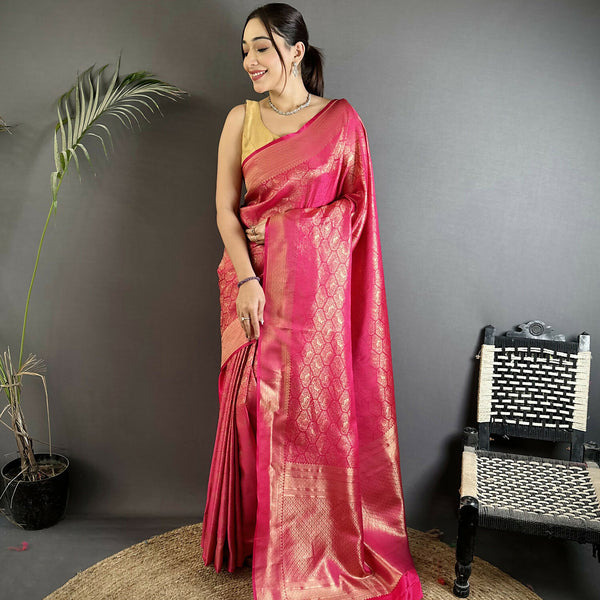 Joban Fashion Rani Pink Paisley & Floral Soft Satin Silk Banarasi Silk Saree - Distacart