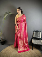 Thumbnail for Joban Fashion Rani Pink Paisley & Floral Soft Satin Silk Banarasi Silk Saree - Distacart