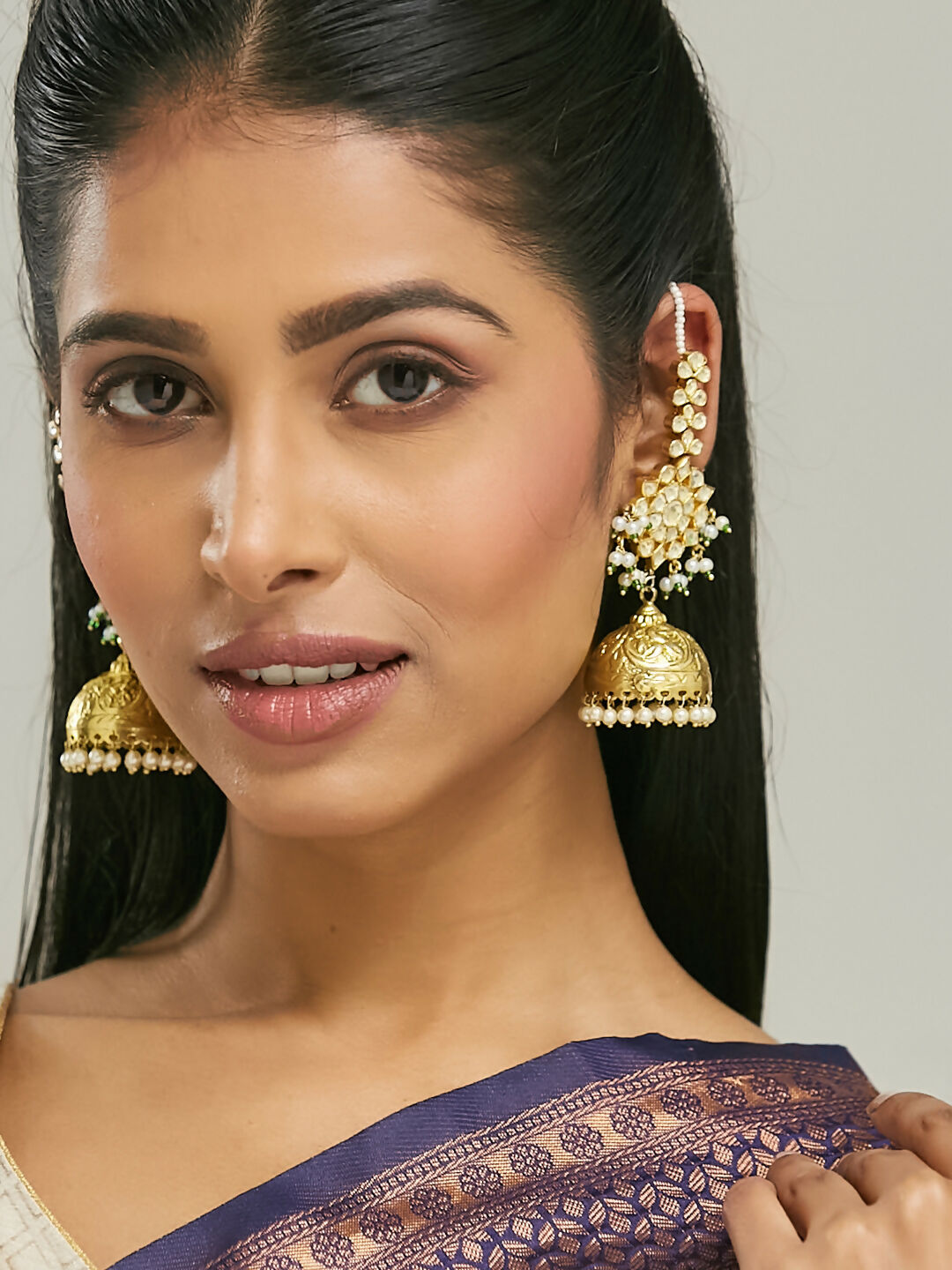 Nuyug 22K Gold-Plated Floral Jhumki Kundan Studded Kanauti Earrings