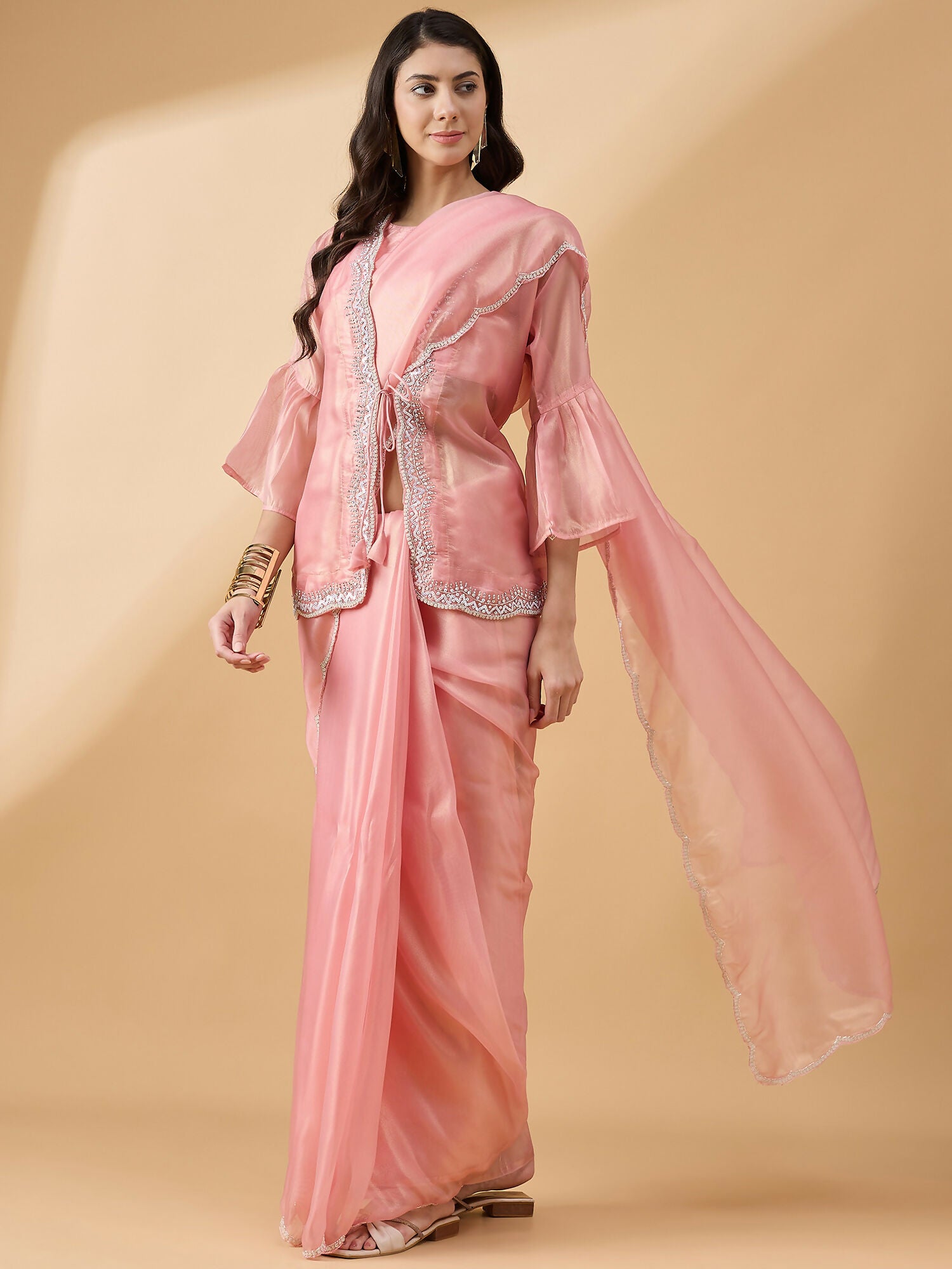 Peach Chiffon Solid Saree with Stitched Blouse & Stone Work Shrug - Dharavi - Distacart
