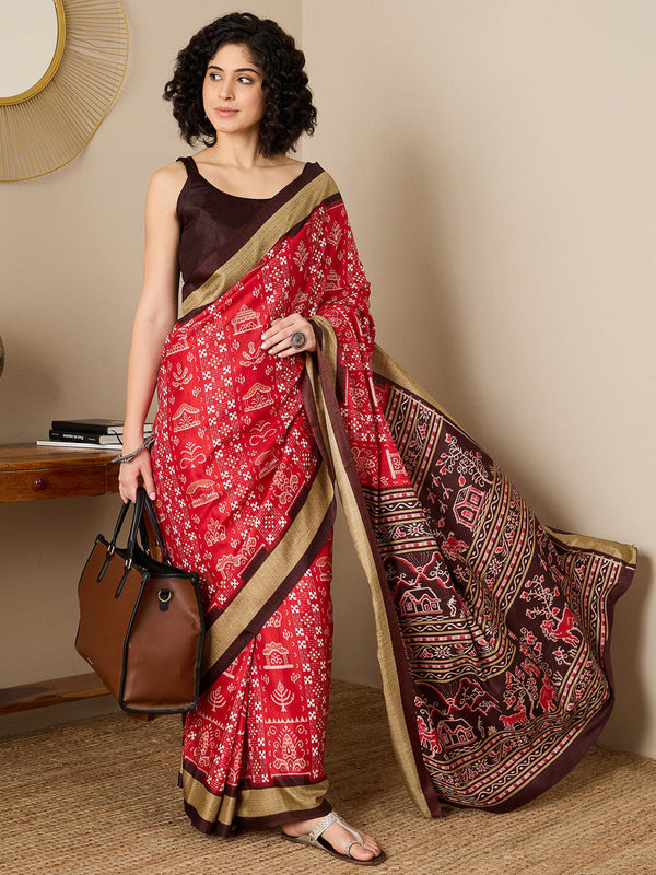 NOZ2TOZ Women's Bhagalpuri Silk Brown Printed Ready to Wear With Blouse Piece - Distacart