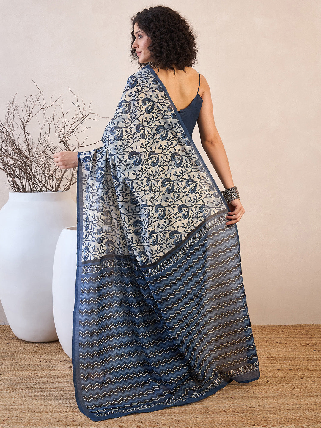 NOZ2TOZ Women's Bhagalpuri Silk Off White Printed Designer Saree With Blouse Piece - Distacart