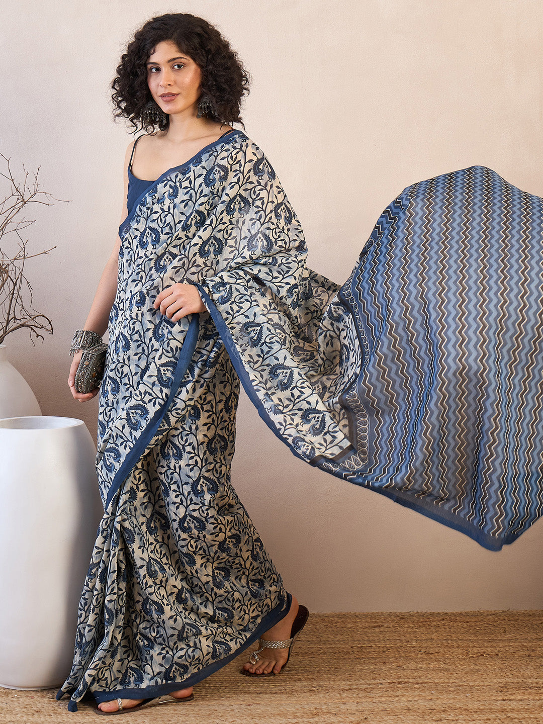 NOZ2TOZ Women's Bhagalpuri Silk Off White Printed Designer Saree With Blouse Piece - Distacart