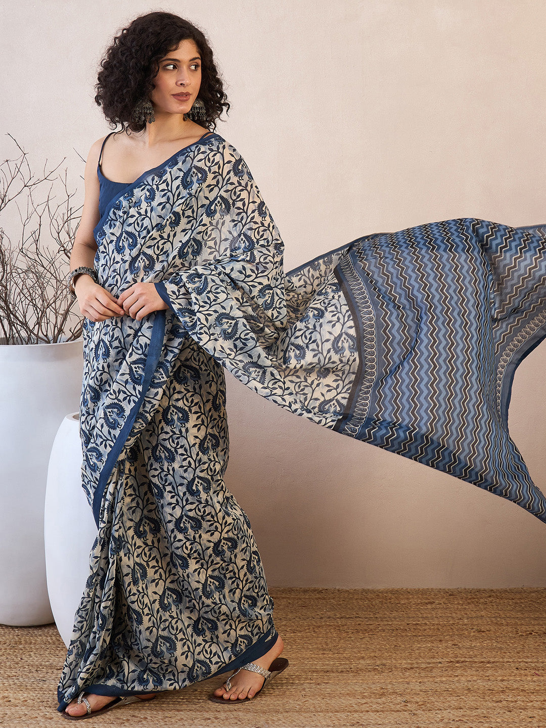 NOZ2TOZ Women's Bhagalpuri Silk Off White Printed Designer Saree With Blouse Piece - Distacart