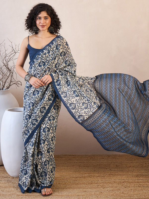 NOZ2TOZ Women's Bhagalpuri Silk Off White Printed Designer Saree With Blouse Piece - Distacart