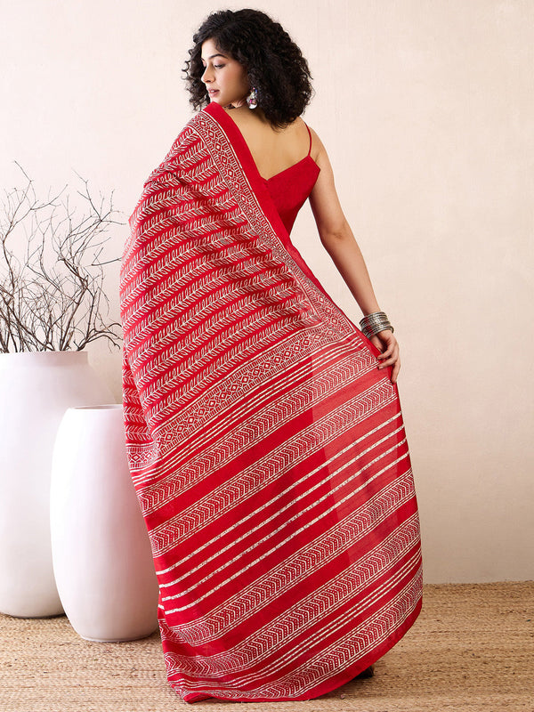 NOZ2TOZ Women's Bhagalpuri Silk Red Printed Ready to Wear With Blouse Piece - Distacart