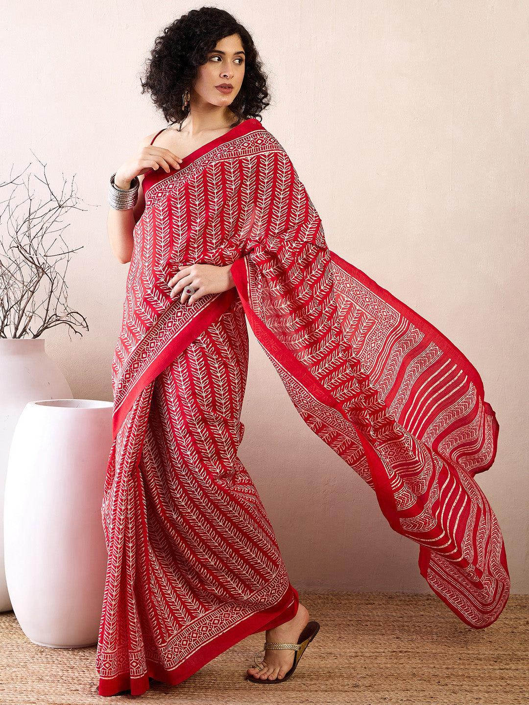 NOZ2TOZ Women's Bhagalpuri Silk Red Printed Ready to Wear With Blouse Piece - Distacart