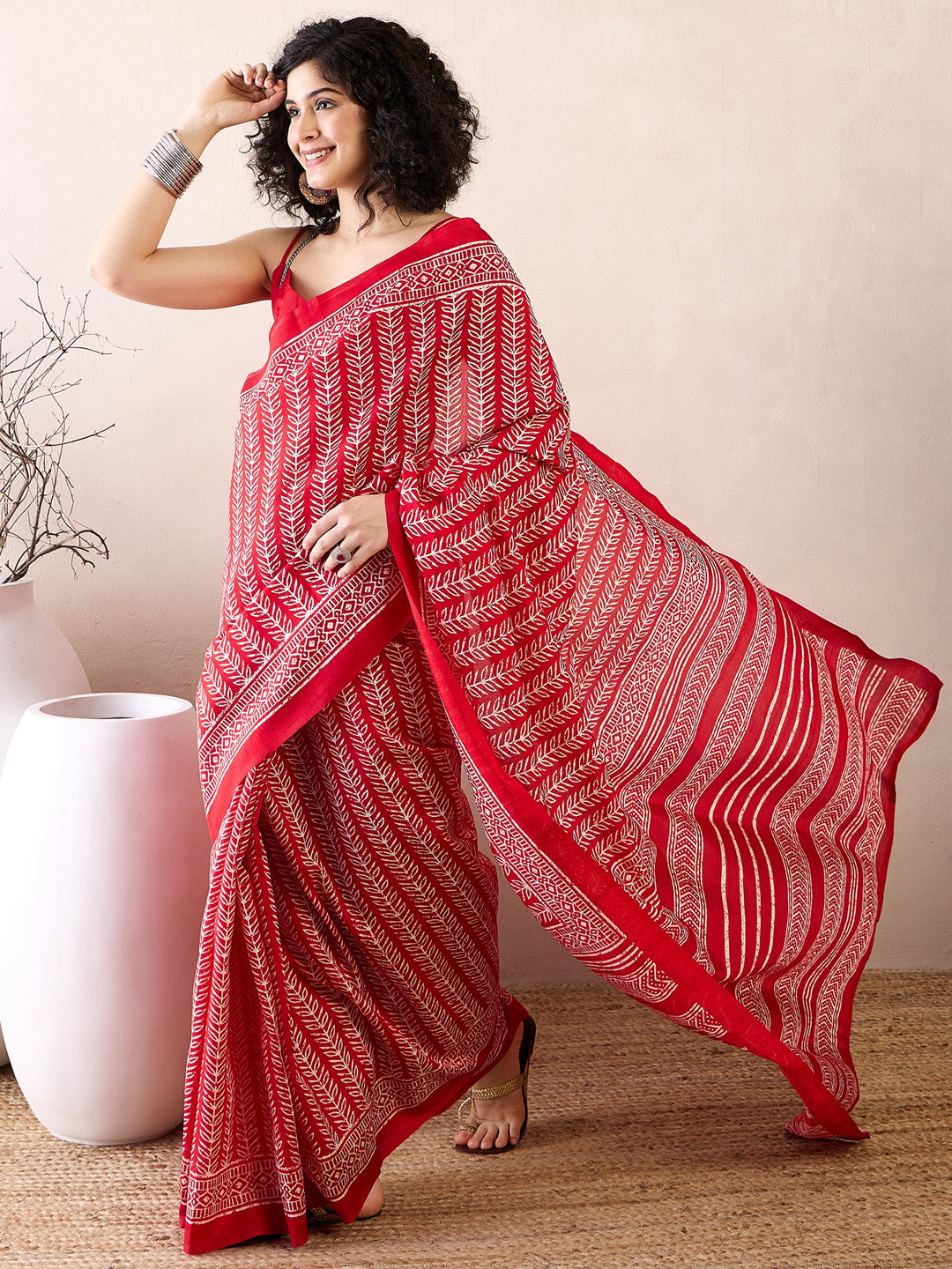 NOZ2TOZ Women's Bhagalpuri Silk Red Printed Ready to Wear With Blouse Piece - Distacart