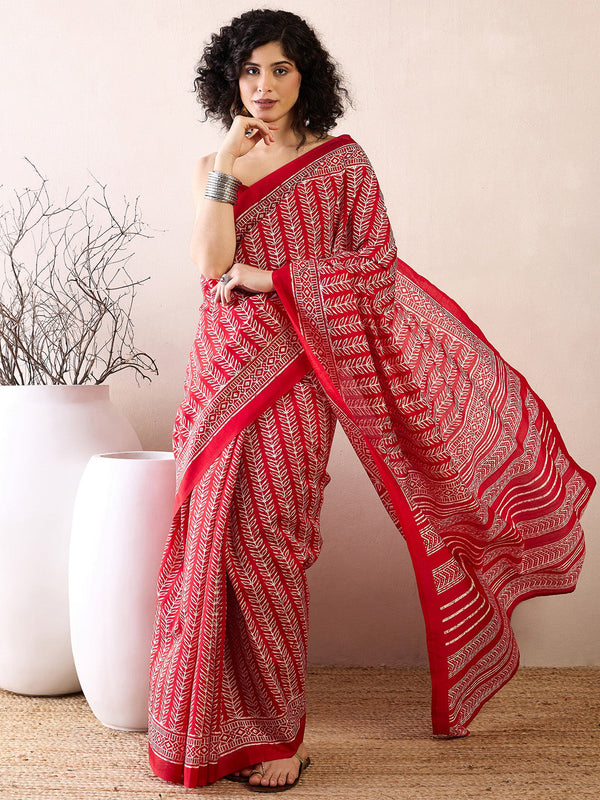 NOZ2TOZ Women's Bhagalpuri Silk Red Printed Ready to Wear With Blouse Piece - Distacart