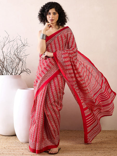 NOZ2TOZ Women's Bhagalpuri Silk Red Printed Ready to Wear With Blouse Piece - Distacart