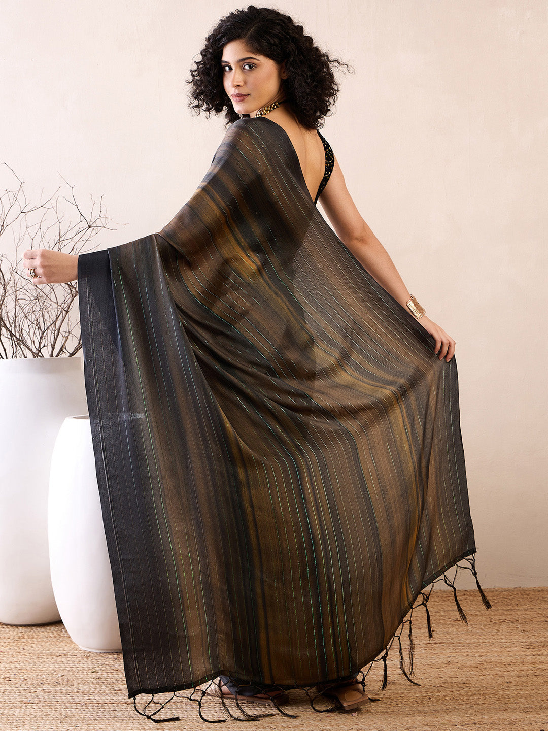 NOZ2TOZ Women's Poly Georgette Black Solid Ready to Wear With Blouse Piece - Distacart