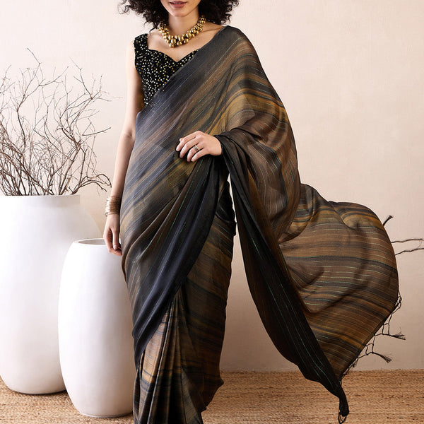 NOZ2TOZ Women's Poly Georgette Black Solid Ready to Wear With Blouse Piece - Distacart