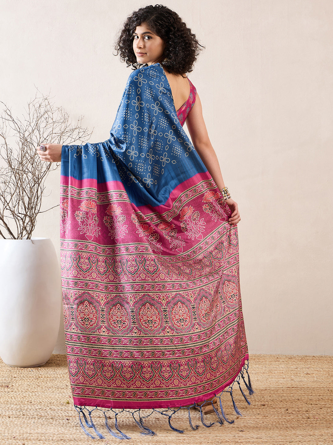 NOZ2TOZ Women's Silk Blend Blue Digital Print Ready to Wear With Blouse Piece - Distacart