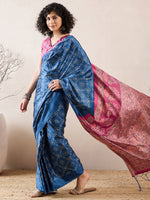 Thumbnail for NOZ2TOZ Women's Silk Blend Blue Digital Print Ready to Wear With Blouse Piece - Distacart