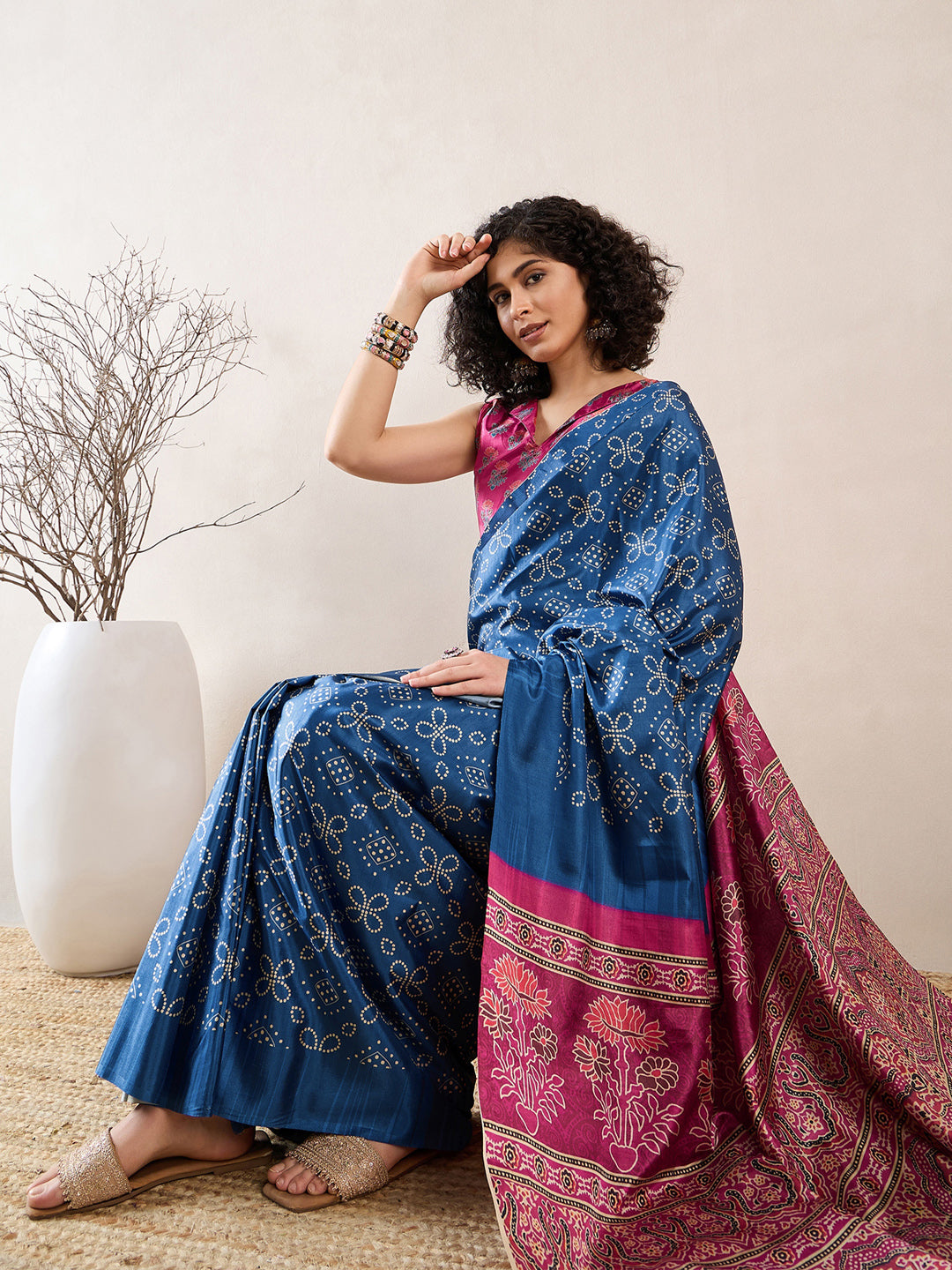 NOZ2TOZ Women's Silk Blend Blue Digital Print Ready to Wear With Blouse Piece - Distacart