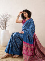 Thumbnail for NOZ2TOZ Women's Silk Blend Blue Digital Print Ready to Wear With Blouse Piece - Distacart