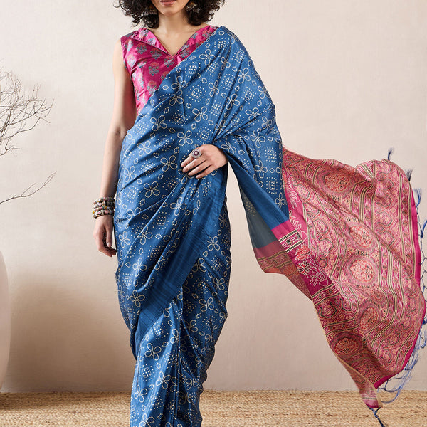 NOZ2TOZ Women's Silk Blend Blue Digital Print Ready to Wear With Blouse Piece - Distacart