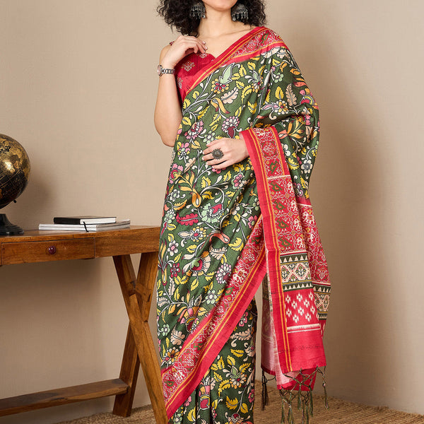 NOZ2TOZ Women's Bhagalpuri Silk Red Printed Ready to Wear With Blouse Piece - Distacart