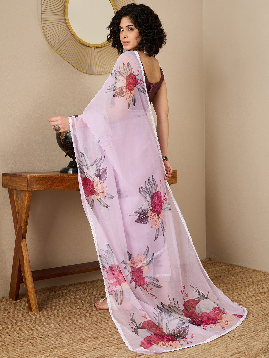 NOZ2TOZ Women's Organza Magenta Digital Print Ready to Wear With Blouse Piece - Distacart