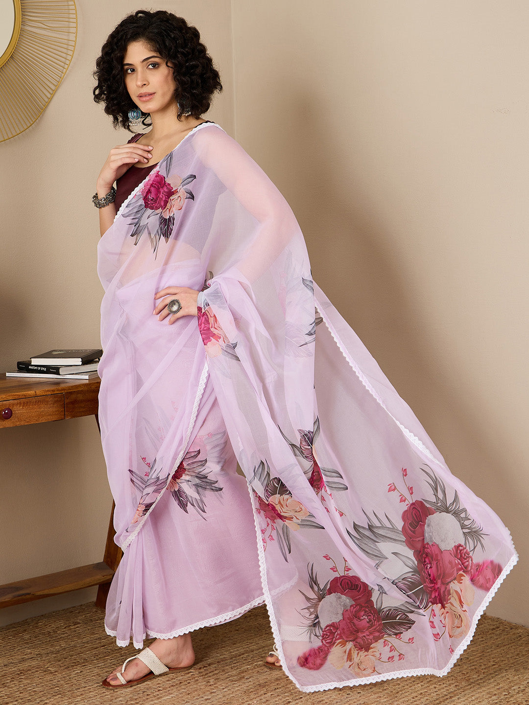 NOZ2TOZ Women's Organza Magenta Digital Print Ready to Wear With Blouse Piece - Distacart