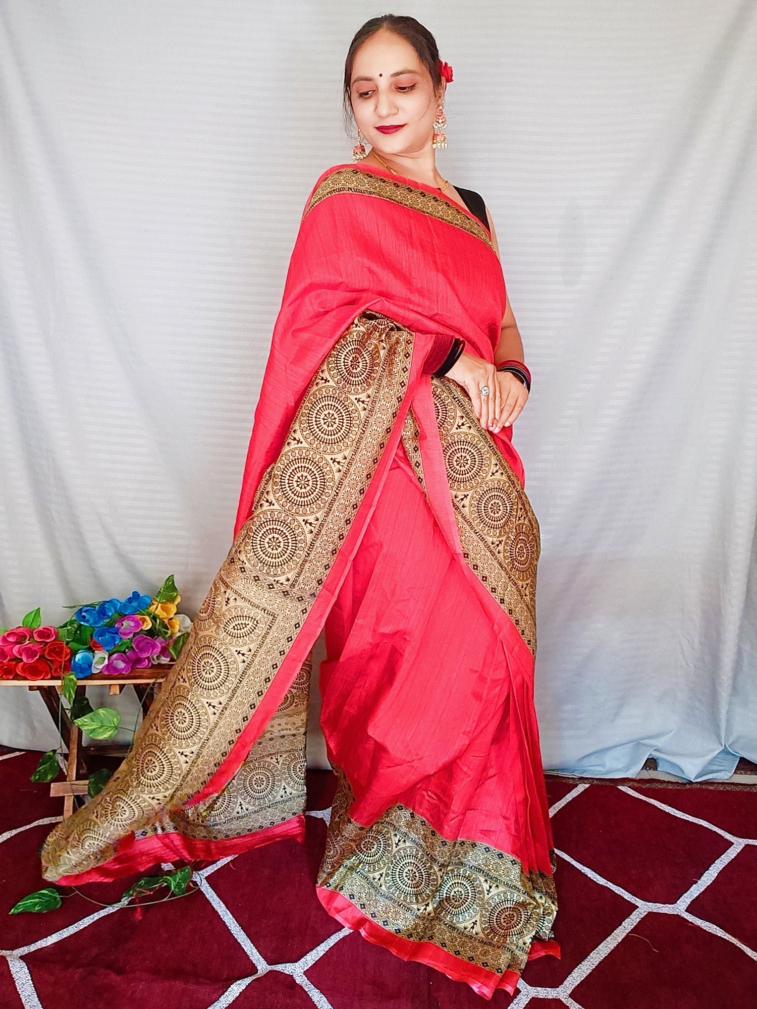 NOZ2TOZ Women's Art Silk Red Printed Ready to Wear With Blouse Piece - Distacart