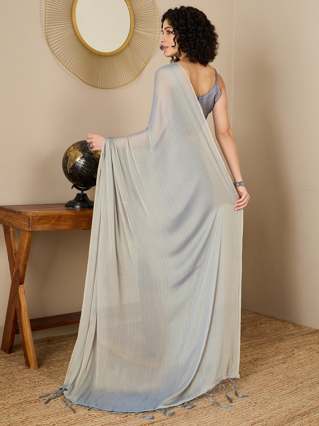 NOZ2TOZ Women's Poly Georgette Grey Solid Ready to Wear With Blouse Piece - Distacart