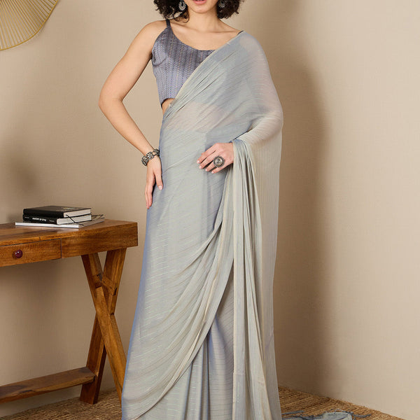 NOZ2TOZ Women's Poly Georgette Grey Solid Ready to Wear With Blouse Piece - Distacart